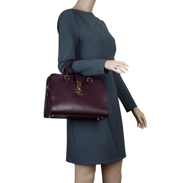 Pre Owned Saint Laurent Paris Burgundy Leather Small Cabas Monogram Tote