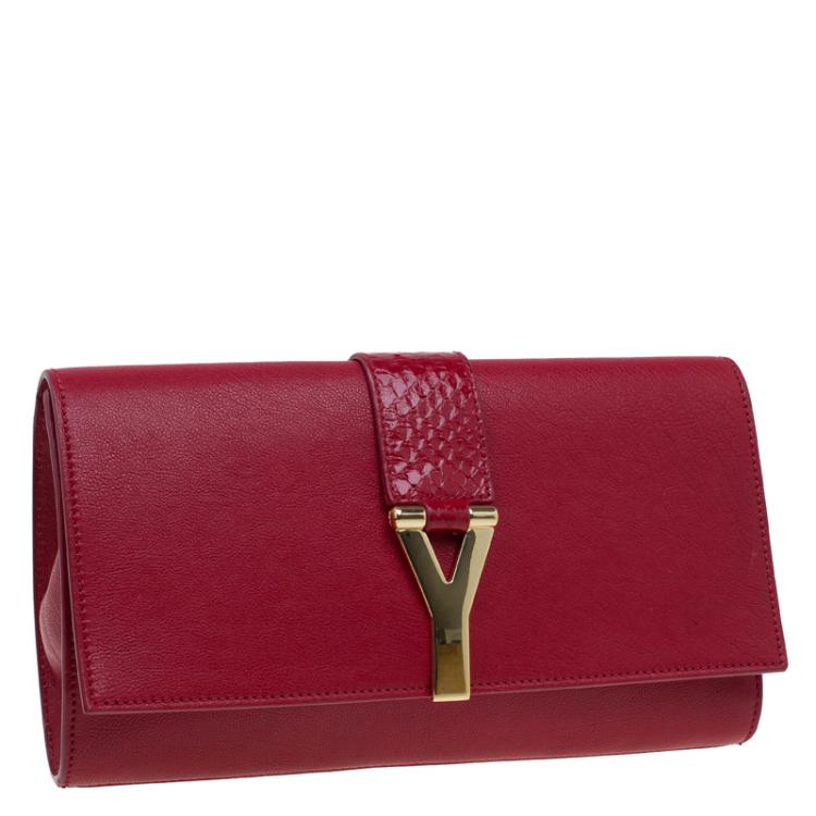 Pre Owned Saint Laurent Paris Red Leather and Python Large Chyc Clutch