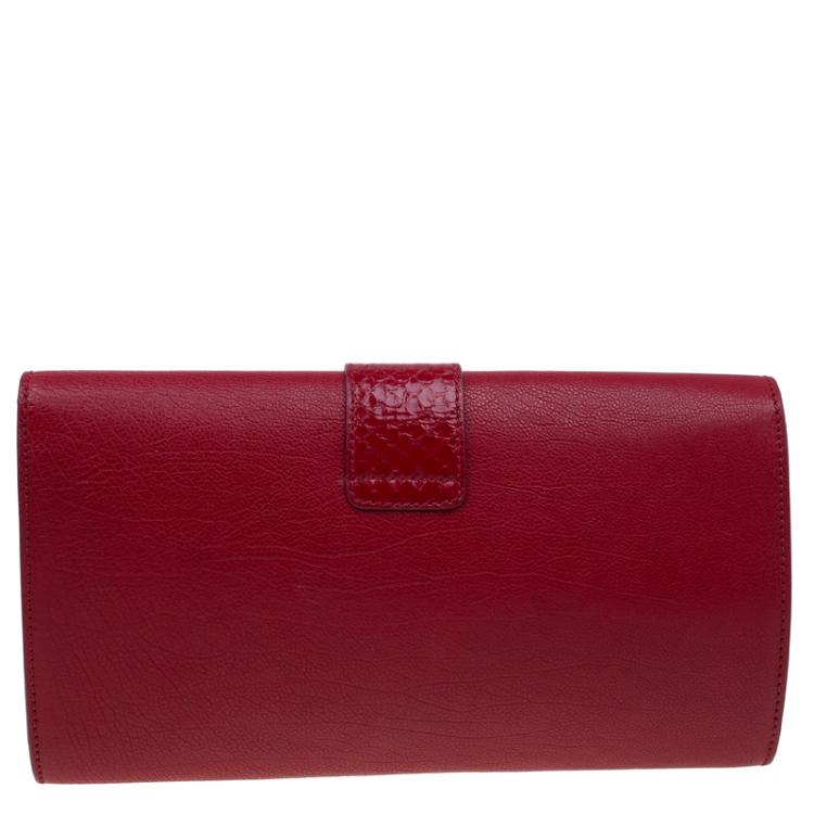 Pre Owned Saint Laurent Paris Red Leather and Python Large Chyc Clutch