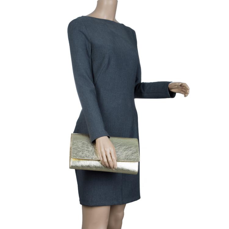 Pre Owned Saint Laurent Paris Gold Leather Belle De Jour Flap Clutch