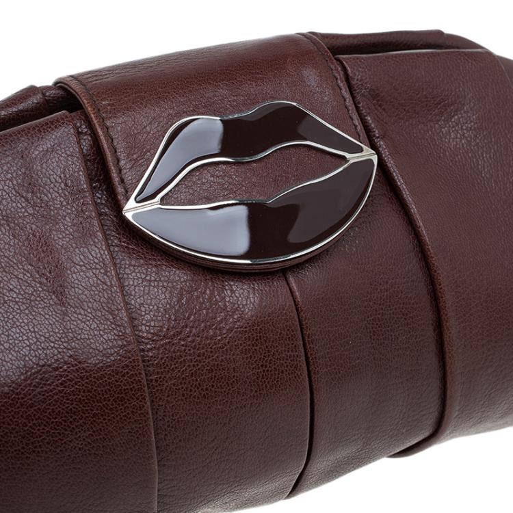 Pre Owned Saint Laurent Paris Brown Pleated Leather Dali Lips Clutch