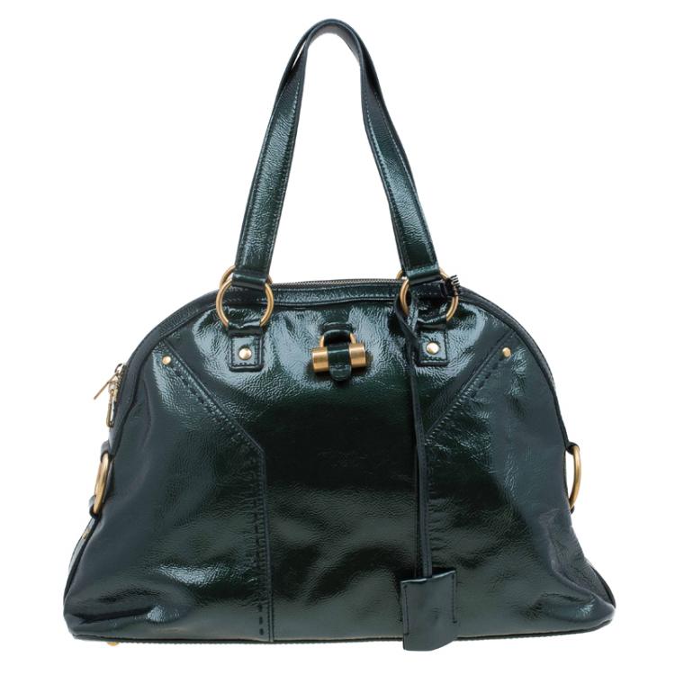 Pre Owned Saint Laurent Paris Dark Green Patent Medium Muse Tote