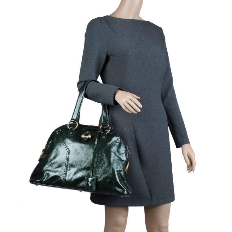 Pre Owned Saint Laurent Paris Dark Green Patent Medium Muse Tote