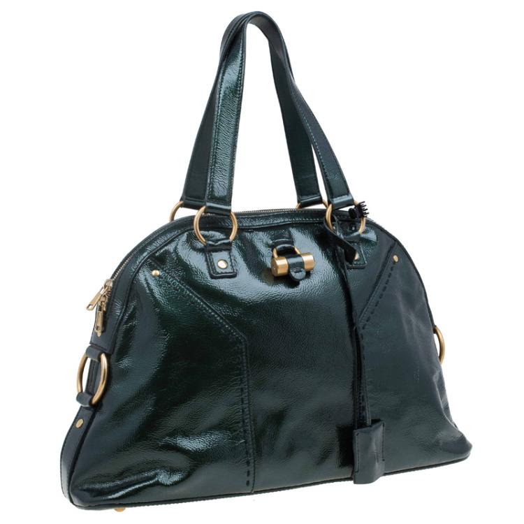 Pre Owned Saint Laurent Paris Dark Green Patent Medium Muse Tote
