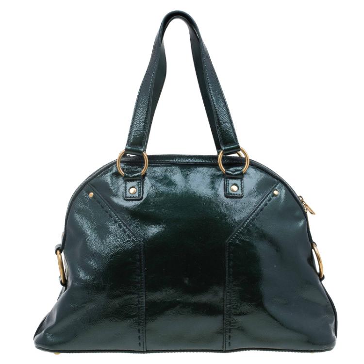 Pre Owned Saint Laurent Paris Dark Green Patent Medium Muse Tote