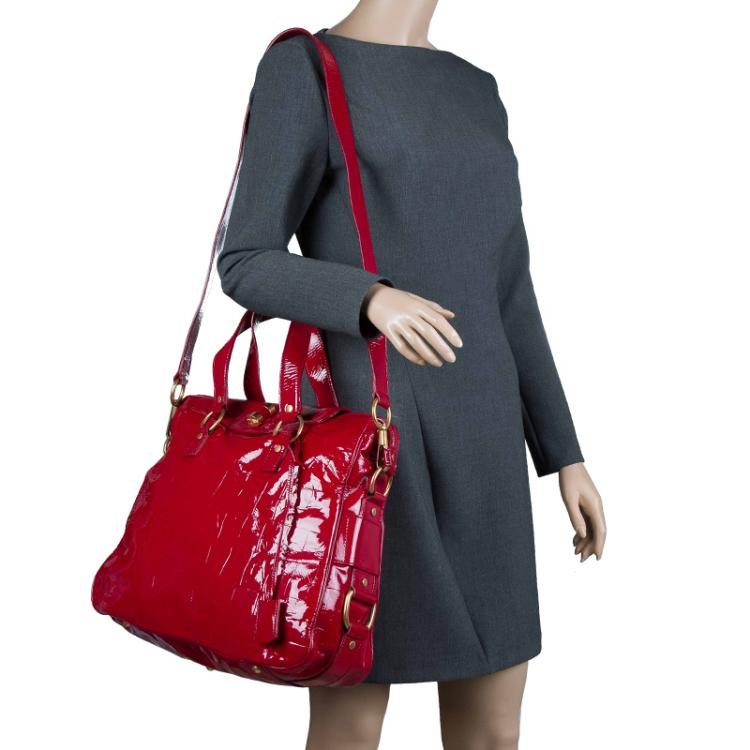 Pre Owned Saint Laurent Paris Red Patent Croc Embossed Rive Gauche Turn Lock Tote