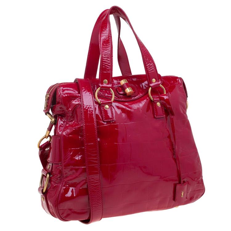Pre Owned Saint Laurent Paris Red Patent Croc Embossed Rive Gauche Turn Lock Tote
