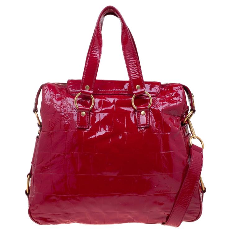 Pre Owned Saint Laurent Paris Red Patent Croc Embossed Rive Gauche Turn Lock Tote