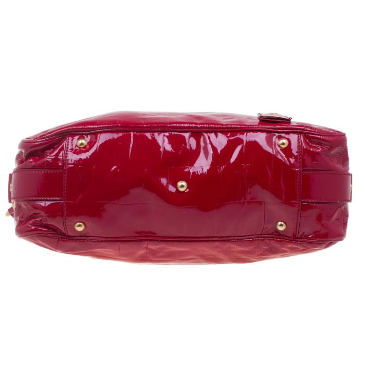 Pre Owned Saint Laurent Paris Red Patent Croc Embossed Rive Gauche Turn Lock Tote