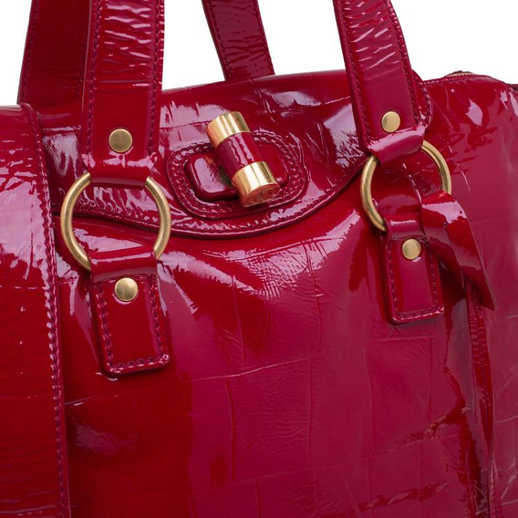 Pre Owned Saint Laurent Paris Red Patent Croc Embossed Rive Gauche Turn Lock Tote