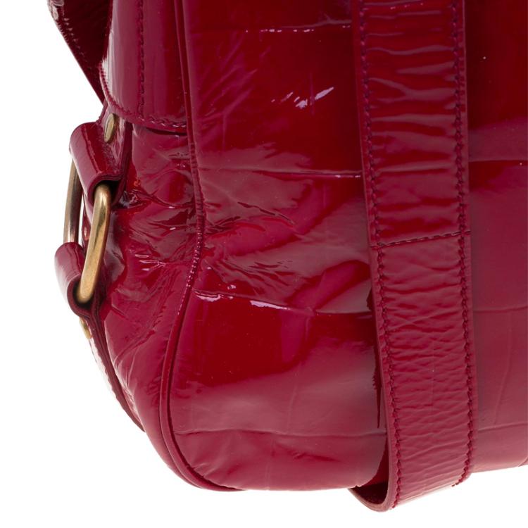 Pre Owned Saint Laurent Paris Red Patent Croc Embossed Rive Gauche Turn Lock Tote