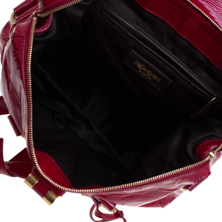 Pre Owned Saint Laurent Paris Red Patent Croc Embossed Rive Gauche Turn Lock Tote
