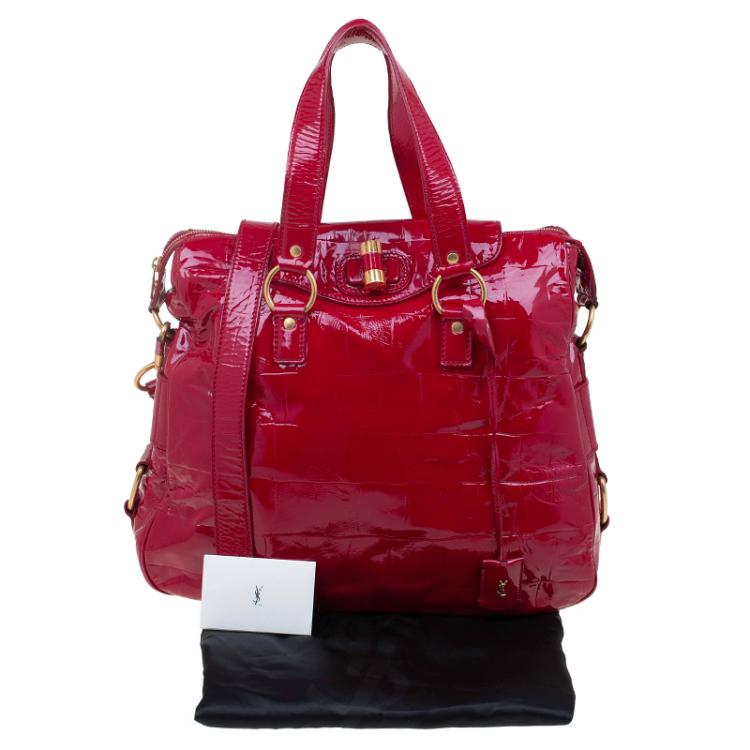 Pre Owned Saint Laurent Paris Red Patent Croc Embossed Rive Gauche Turn Lock Tote
