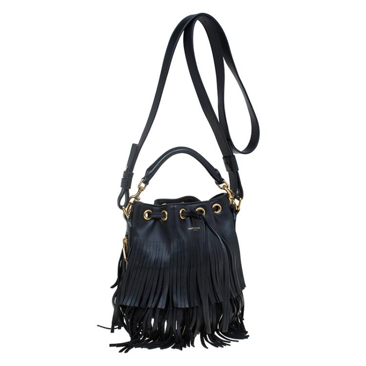 Pre Owned Saint Laurent Paris Black Leather Small Emmanuelle Fringed Bucket Bag