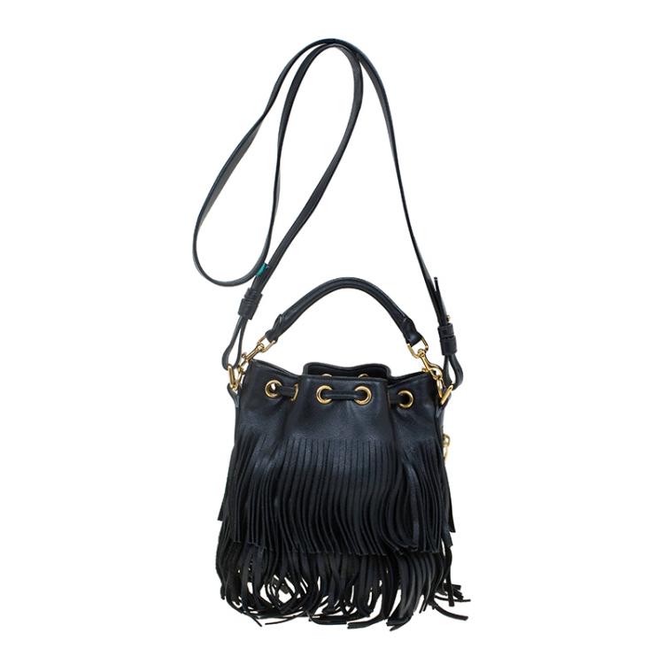 Pre Owned Saint Laurent Paris Black Leather Small Emmanuelle Fringed Bucket Bag
