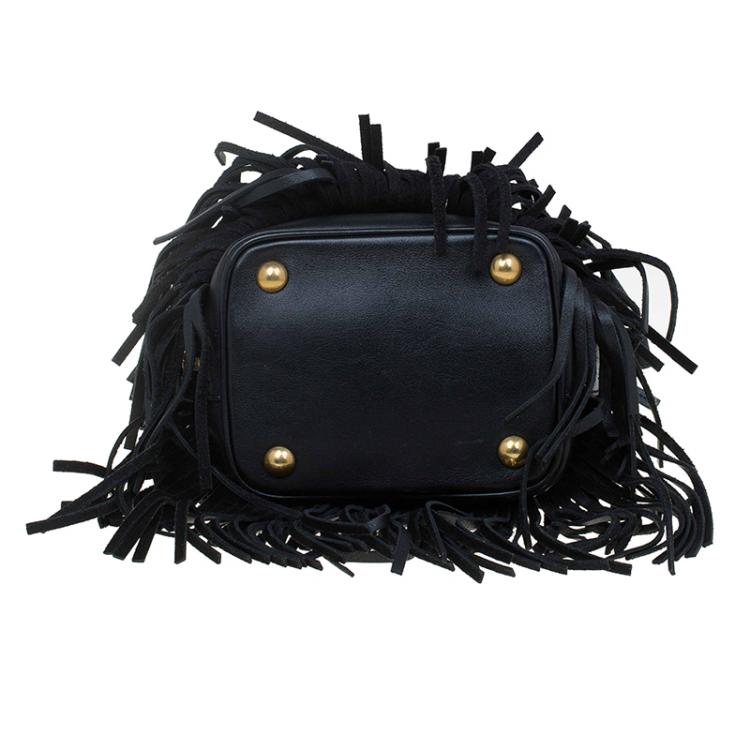 Pre Owned Saint Laurent Paris Black Leather Small Emmanuelle Fringed Bucket Bag