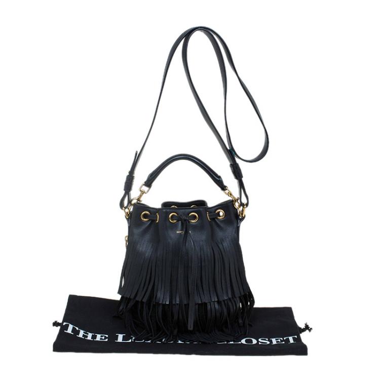 Pre Owned Saint Laurent Paris Black Leather Small Emmanuelle Fringed Bucket Bag