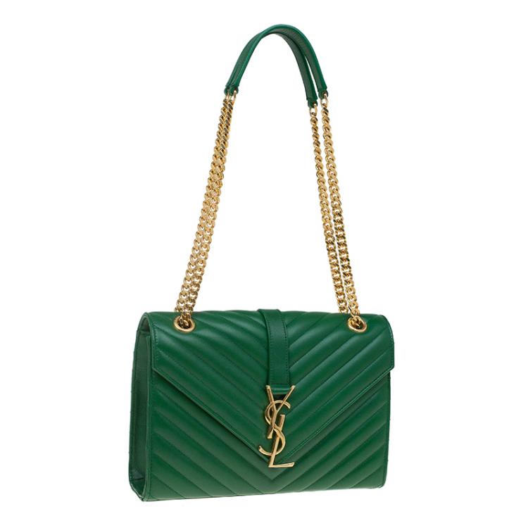 Pre Owned Saint Laurent Paris Green Leather Medium Cassandre Flap Bag