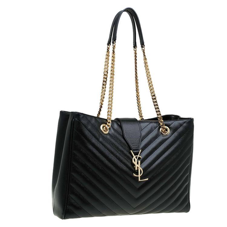 Pre Owned Saint Laurent Paris Black Matelasse Leather Cassandre Shopper Tote