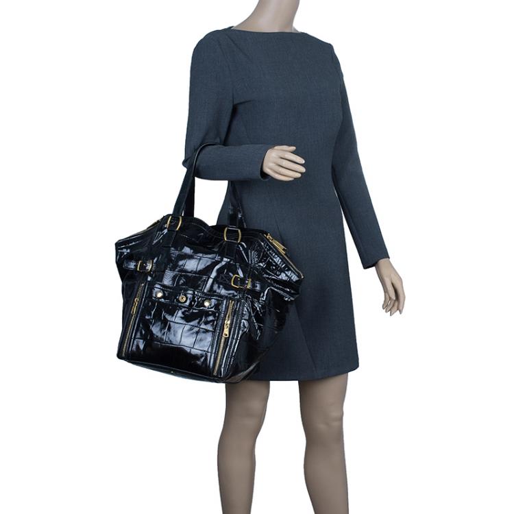 Pre Owned Saint Laurent Paris Black Croc Embossed Patent Leather Medium Downtown Tote