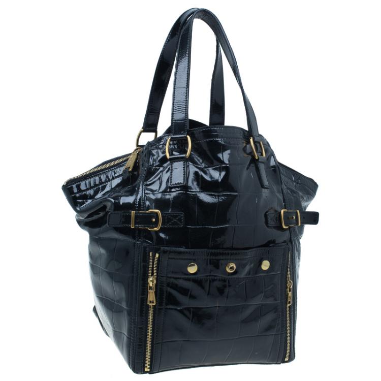 Pre Owned Saint Laurent Paris Black Croc Embossed Patent Leather Medium Downtown Tote