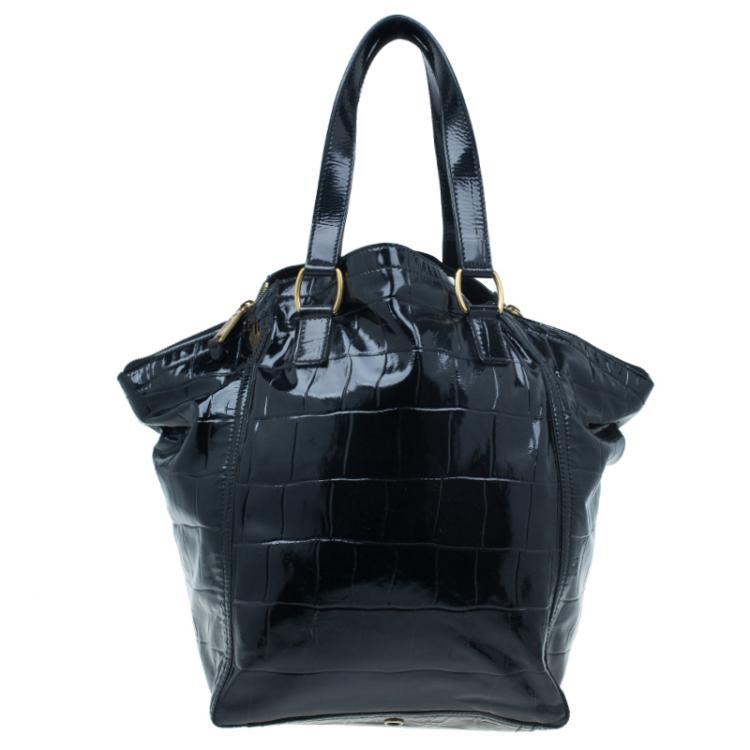 Pre Owned Saint Laurent Paris Black Croc Embossed Patent Leather Medium Downtown Tote