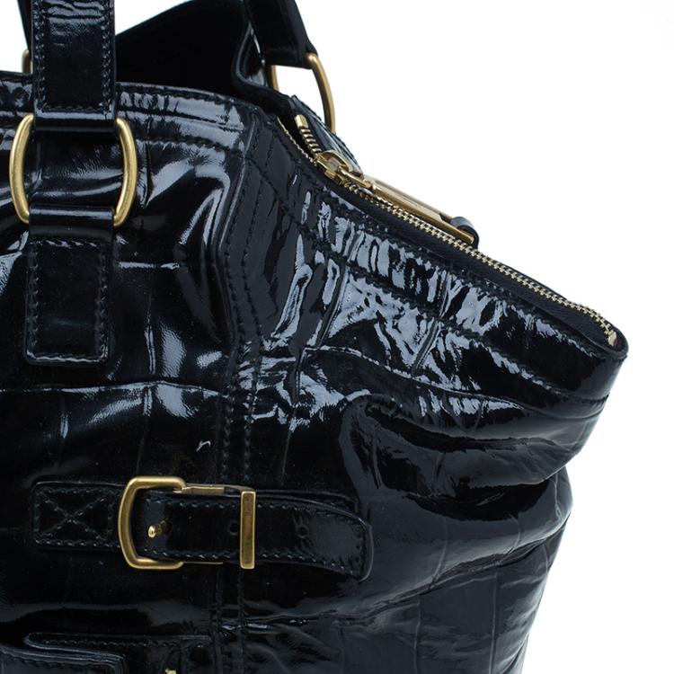Pre Owned Saint Laurent Paris Black Croc Embossed Patent Leather Medium Downtown Tote