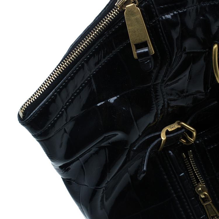Pre Owned Saint Laurent Paris Black Croc Embossed Patent Leather Medium Downtown Tote