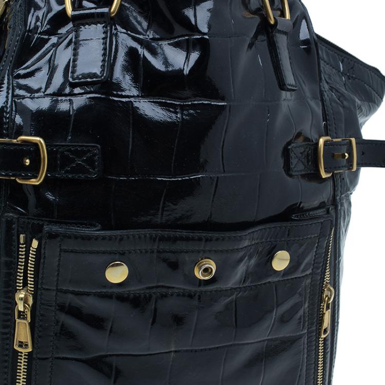 Pre Owned Saint Laurent Paris Black Croc Embossed Patent Leather Medium Downtown Tote