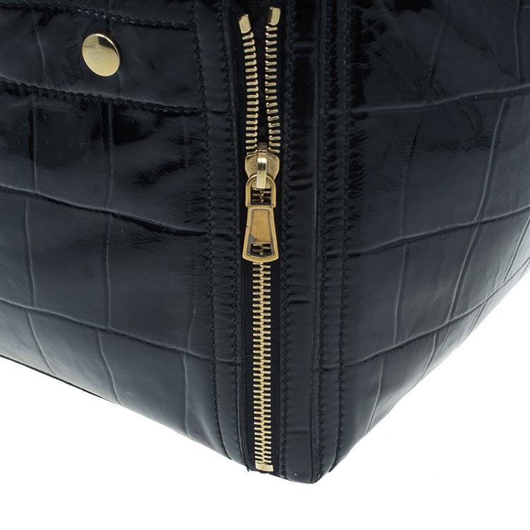 Pre Owned Saint Laurent Paris Black Croc Embossed Patent Leather Medium Downtown Tote