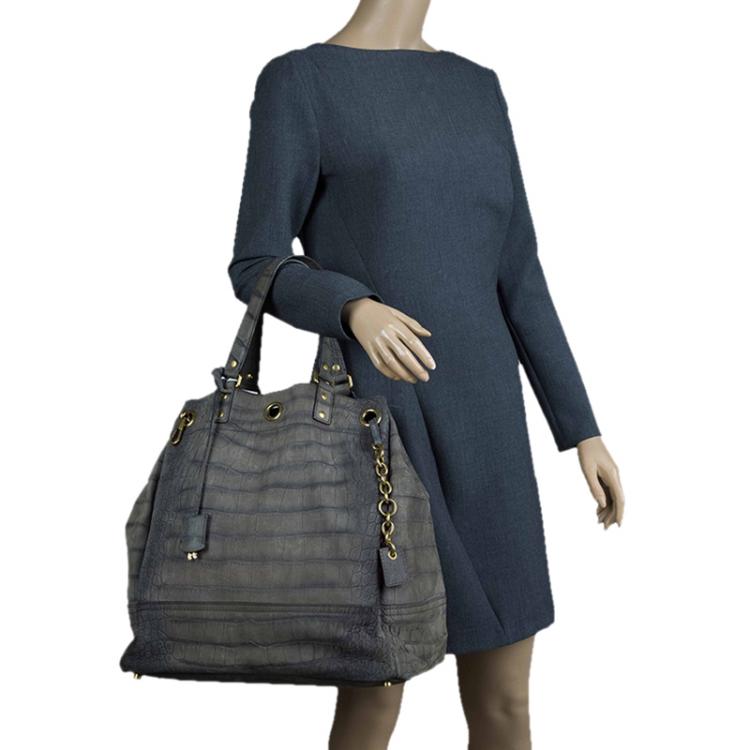 Pre Owned Saint Laurent Paris Grey Croc Embossed Leather Large Overseas Tote