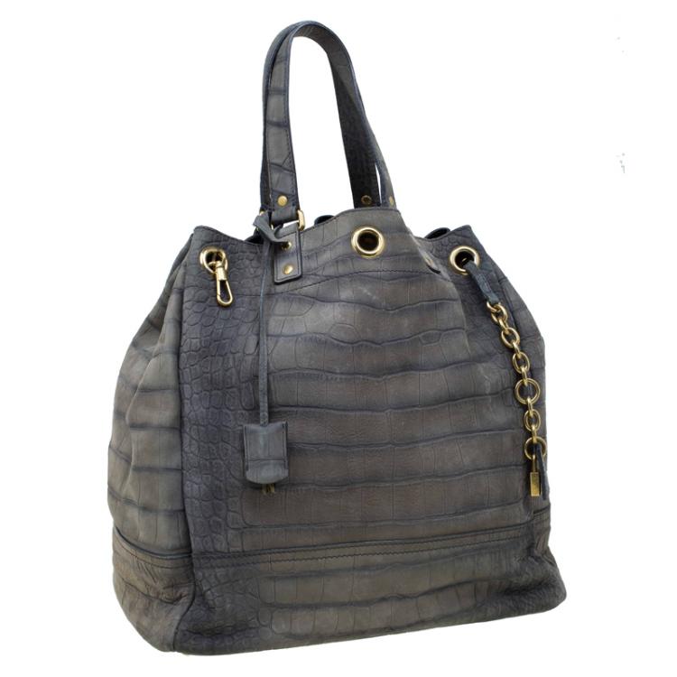 Pre Owned Saint Laurent Paris Grey Croc Embossed Leather Large Overseas Tote