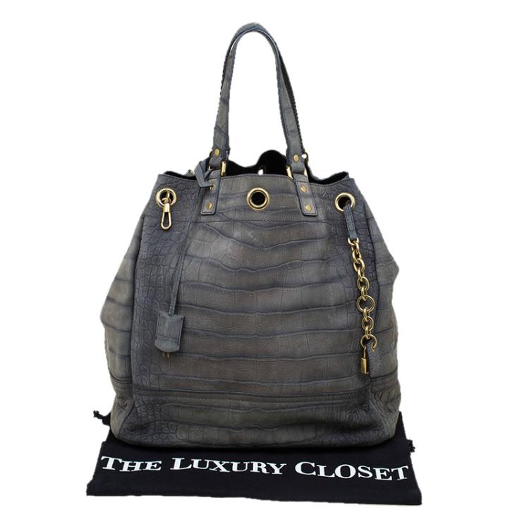 Pre Owned Saint Laurent Paris Grey Croc Embossed Leather Large Overseas Tote