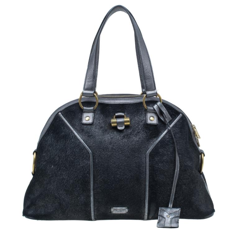 Pre Owned Saint Laurent Paris Metallic Grey Pony Hair Muse Tote