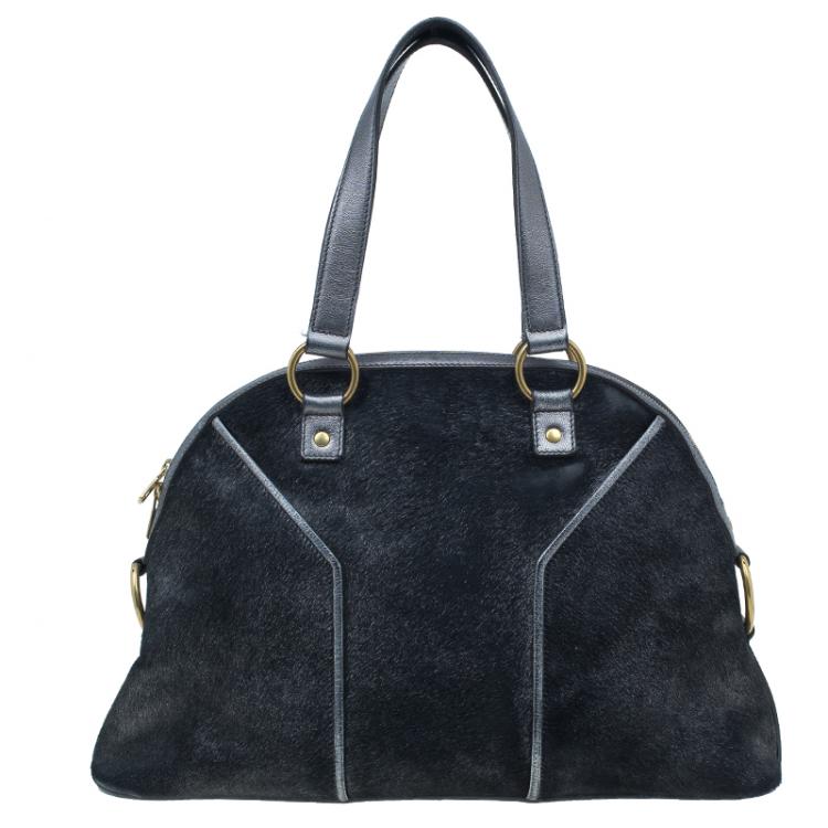 Pre Owned Saint Laurent Paris Metallic Grey Pony Hair Muse Tote