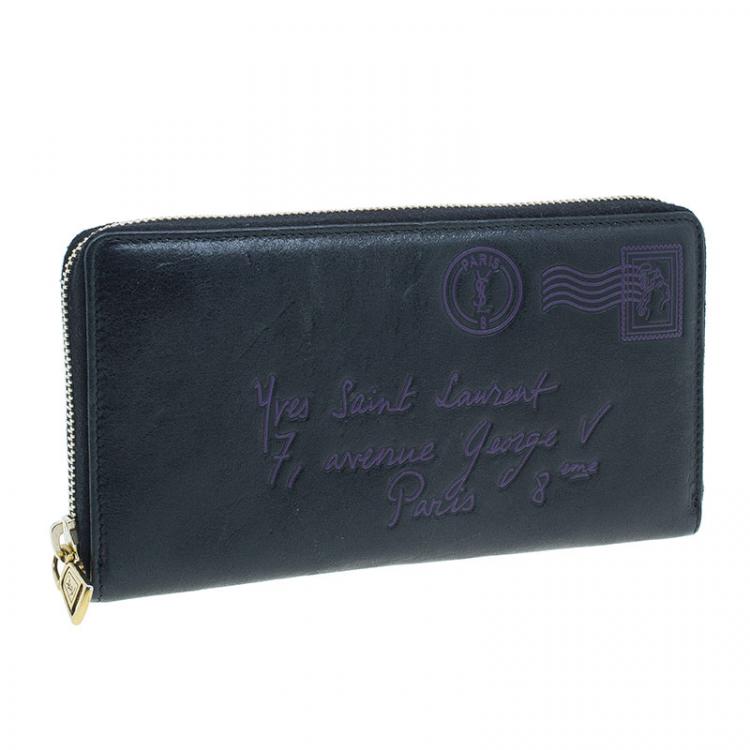 Pre Owned Saint Laurent Paris Black Y-Mail Patent Zip Wallet 