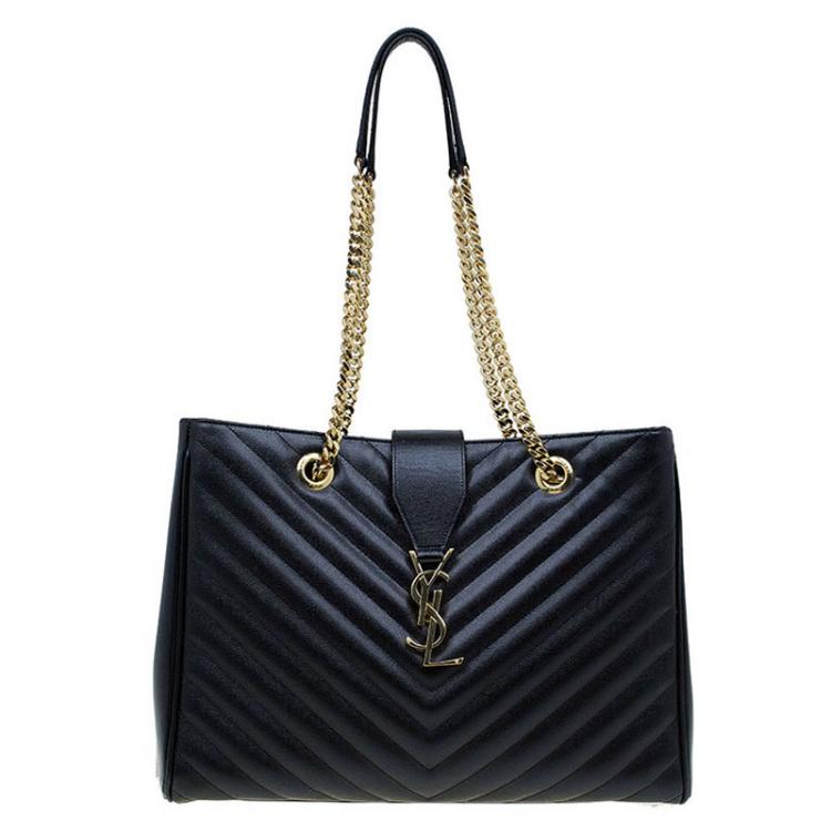 Pre Owned Saint Laurent Paris Black Matelasse Leather Cassandre Shopper Tote