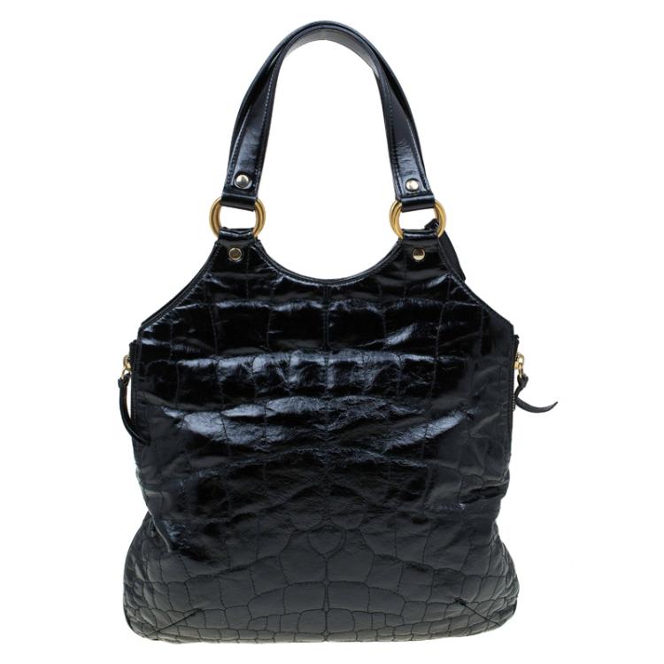Pre Owned Saint Laurent Paris Black Glazed Leather Croc Embossed Small Tribute Tote