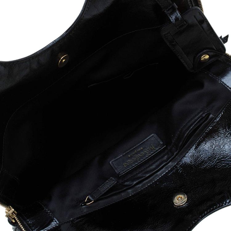 Pre Owned Saint Laurent Paris Black Glazed Leather Croc Embossed Small Tribute Tote