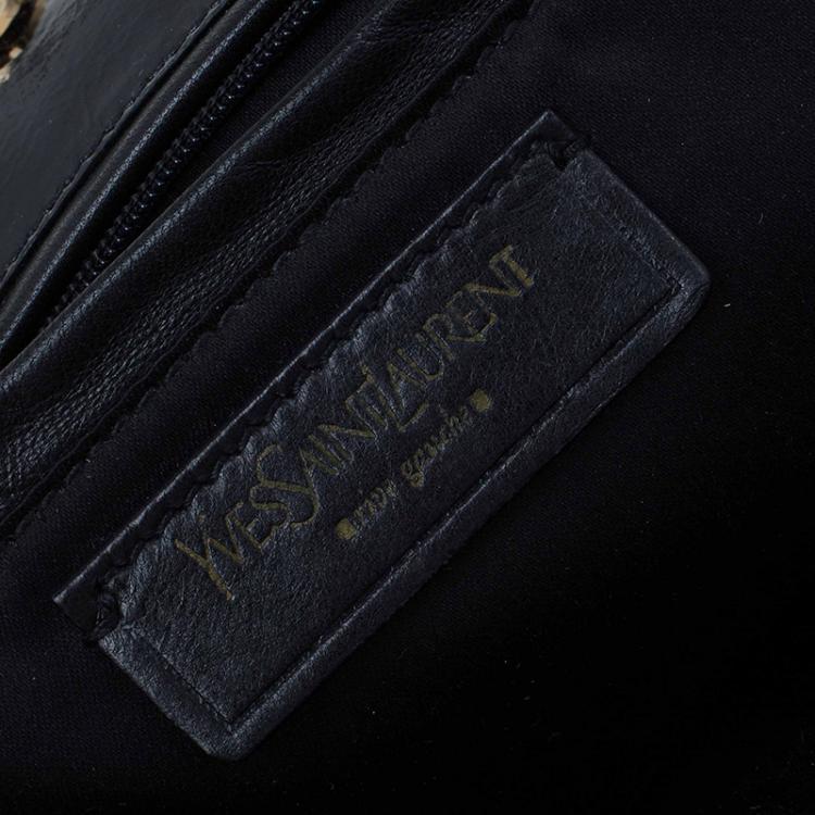 Pre Owned Saint Laurent Paris Black Glazed Leather Croc Embossed Small Tribute Tote