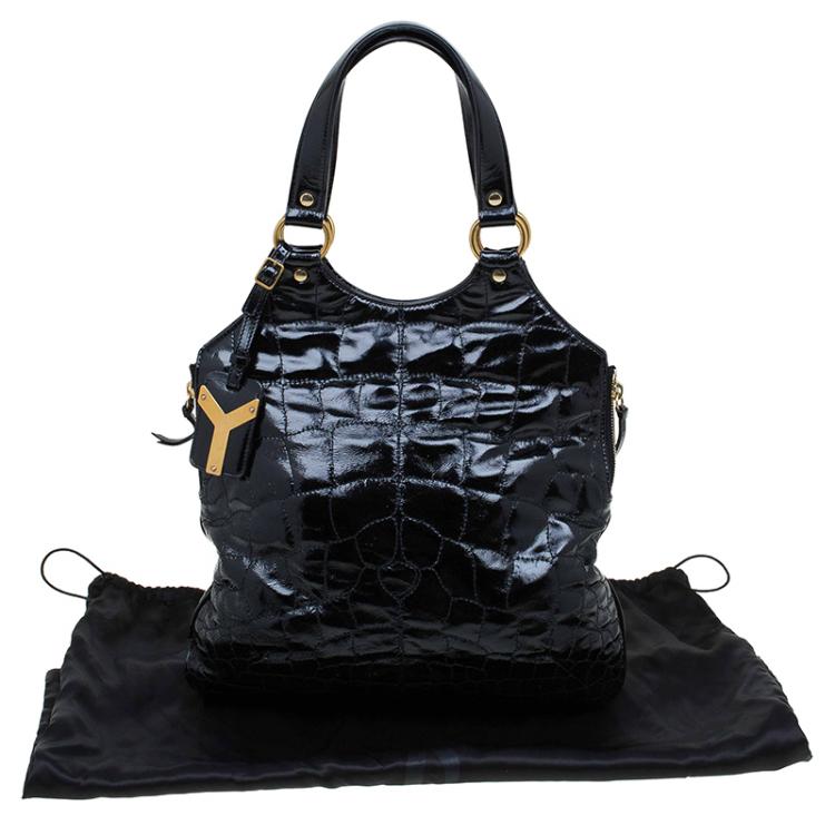 Pre Owned Saint Laurent Paris Black Glazed Leather Croc Embossed Small Tribute Tote