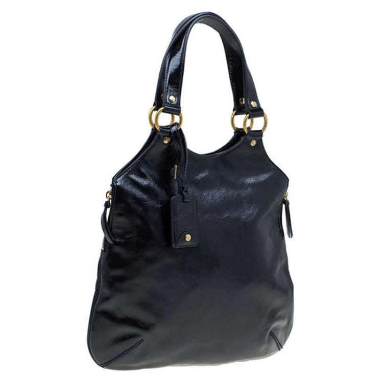 Pre Owned Saint Laurent Paris Black Glazed Leather Tribute Tote