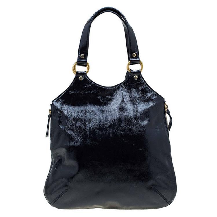 Pre Owned Saint Laurent Paris Black Glazed Leather Tribute Tote