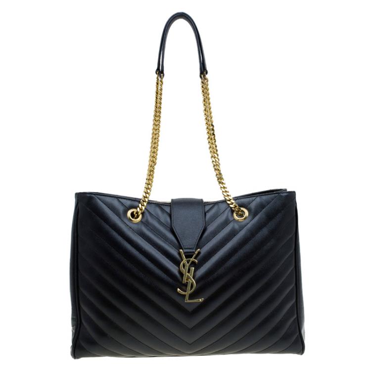 Pre Owned Saint Laurent Paris Black Matelasse Leather Cassandre Shopper Tote