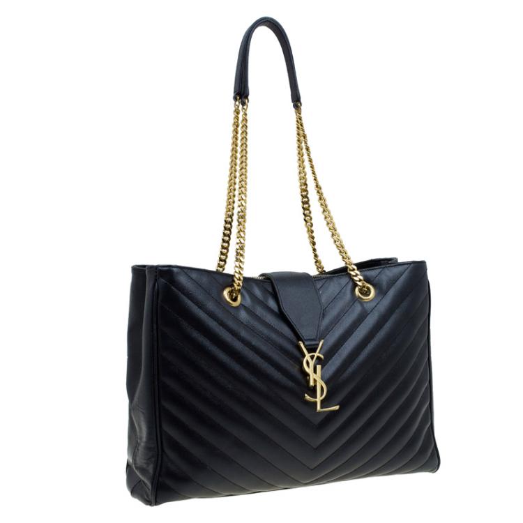 Pre Owned Saint Laurent Paris Black Matelasse Leather Cassandre Shopper Tote