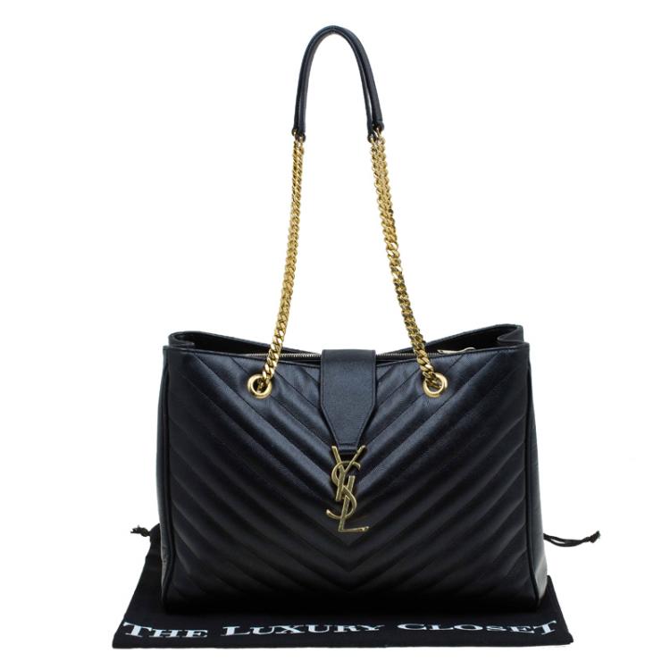 Pre Owned Saint Laurent Paris Black Matelasse Leather Cassandre Shopper Tote