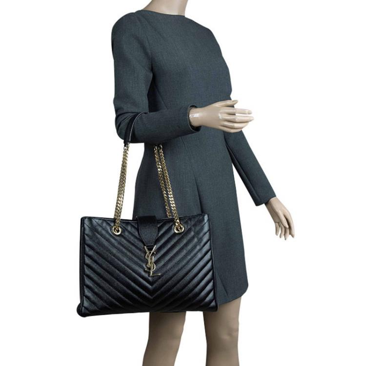 Pre Owned Saint Laurent Paris Black Matelasse Leather Cassandre Shopper Tote