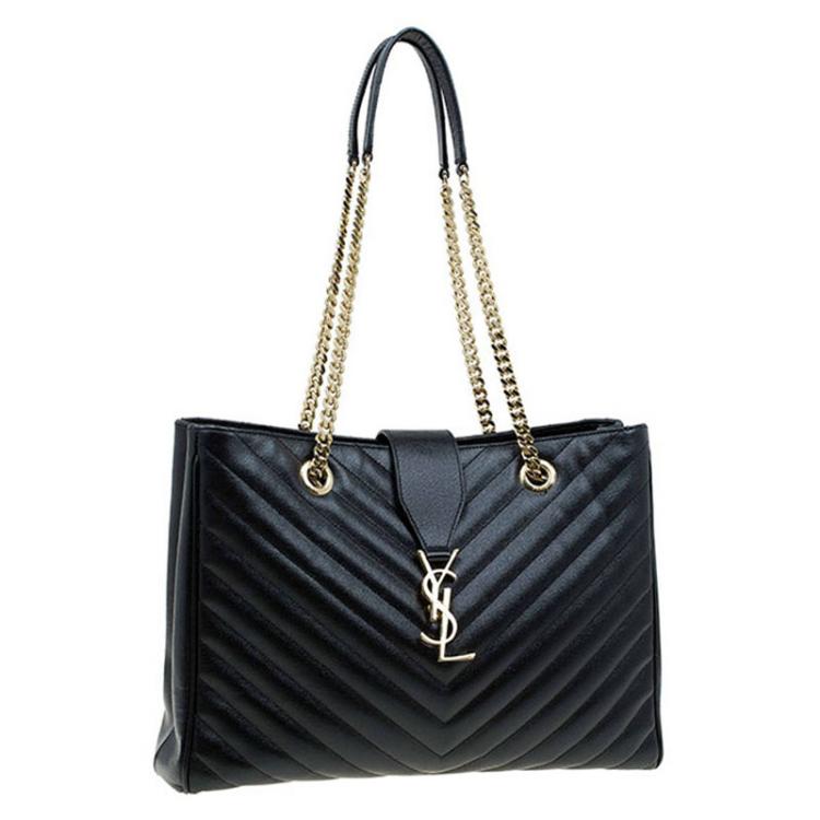 Pre Owned Saint Laurent Paris Black Matelasse Leather Cassandre Shopper Tote