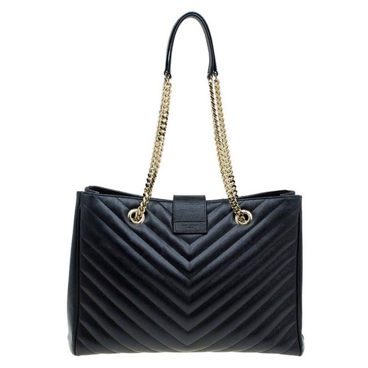 Pre Owned Saint Laurent Paris Black Matelasse Leather Cassandre Shopper Tote
