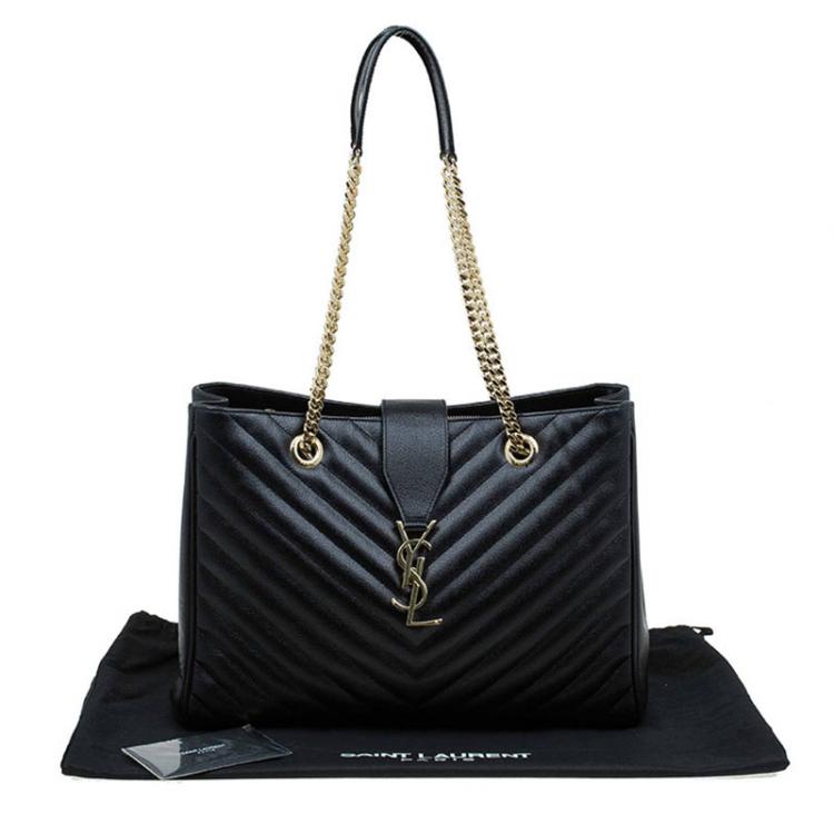 Pre Owned Saint Laurent Paris Black Matelasse Leather Cassandre Shopper Tote